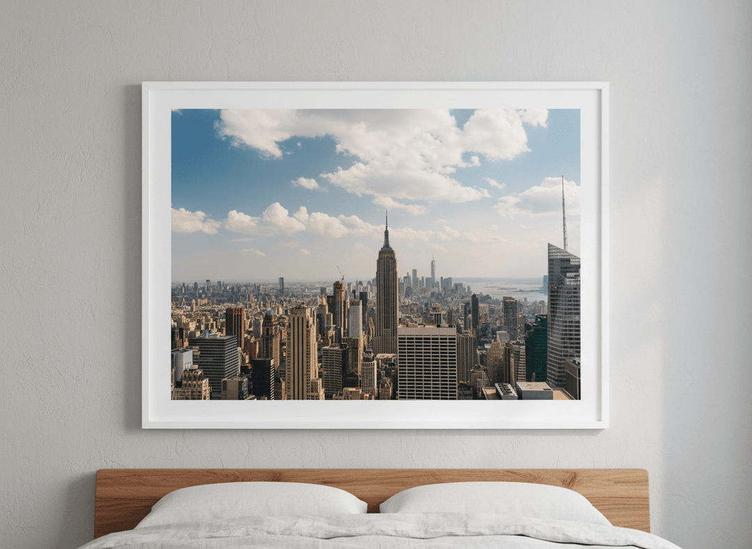 Minimalist artwork displayed in a calm, light-filled bedroom interior
