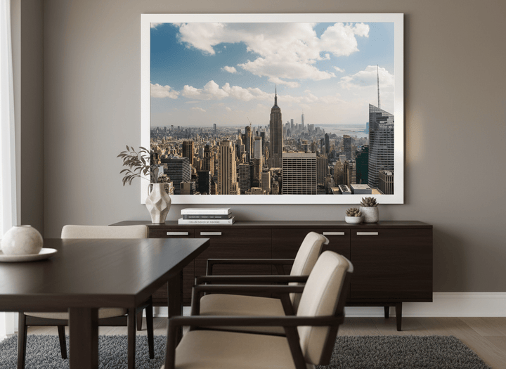 Monumental artwork centred on a feature wall in a luxe interior