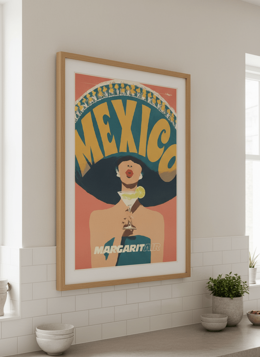 Artwork styled on the wall of a bright modern kitchen