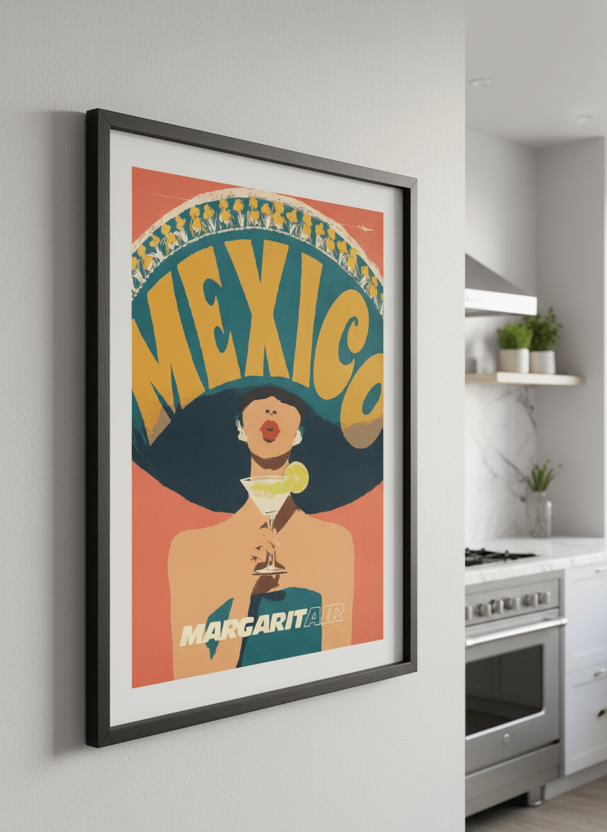 Artwork styled on the wall of a bright modern kitchen
