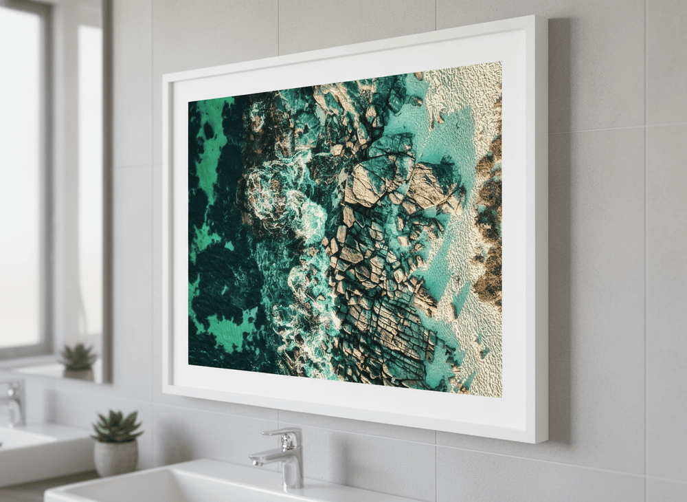 Modern print displayed in a clean minimalist bathroom setting