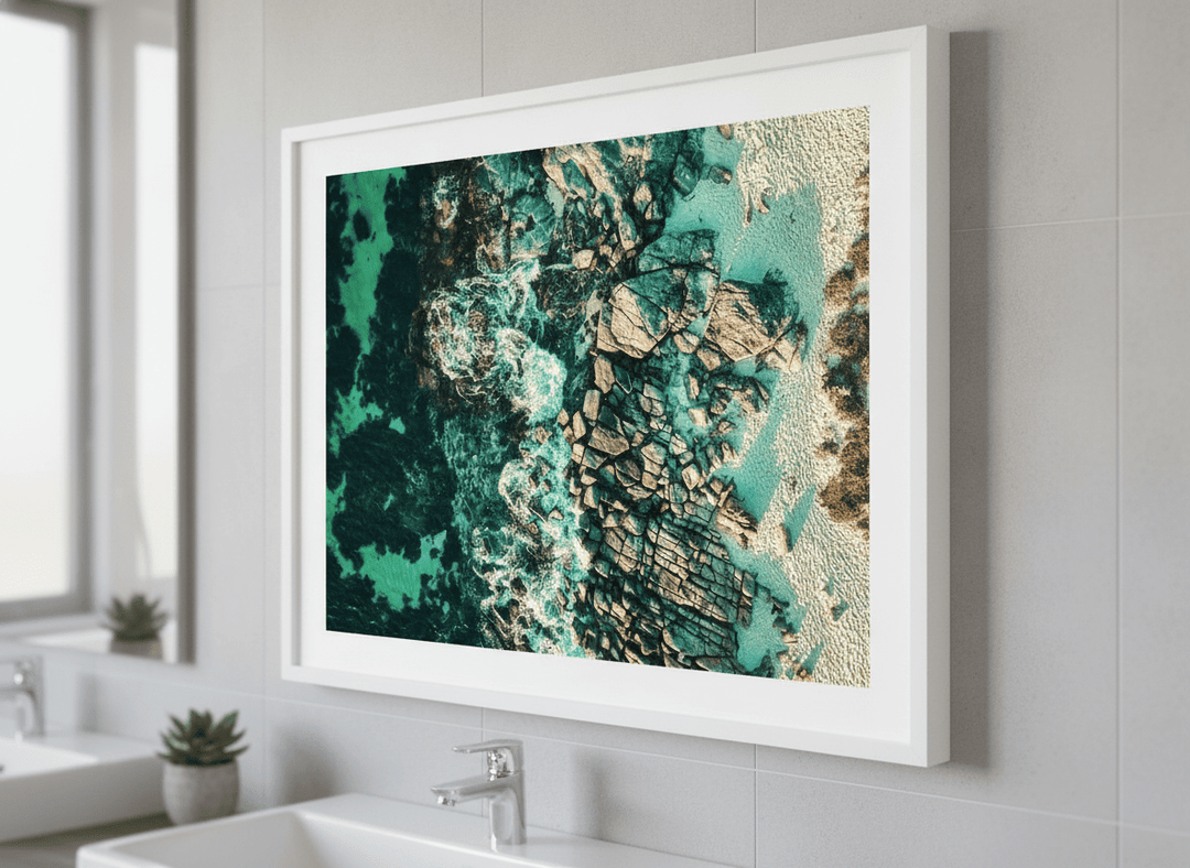 Modern print displayed in a clean minimalist bathroom setting
