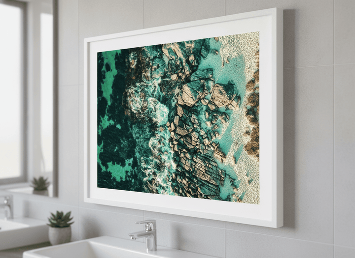 Modern print displayed in a clean minimalist bathroom setting