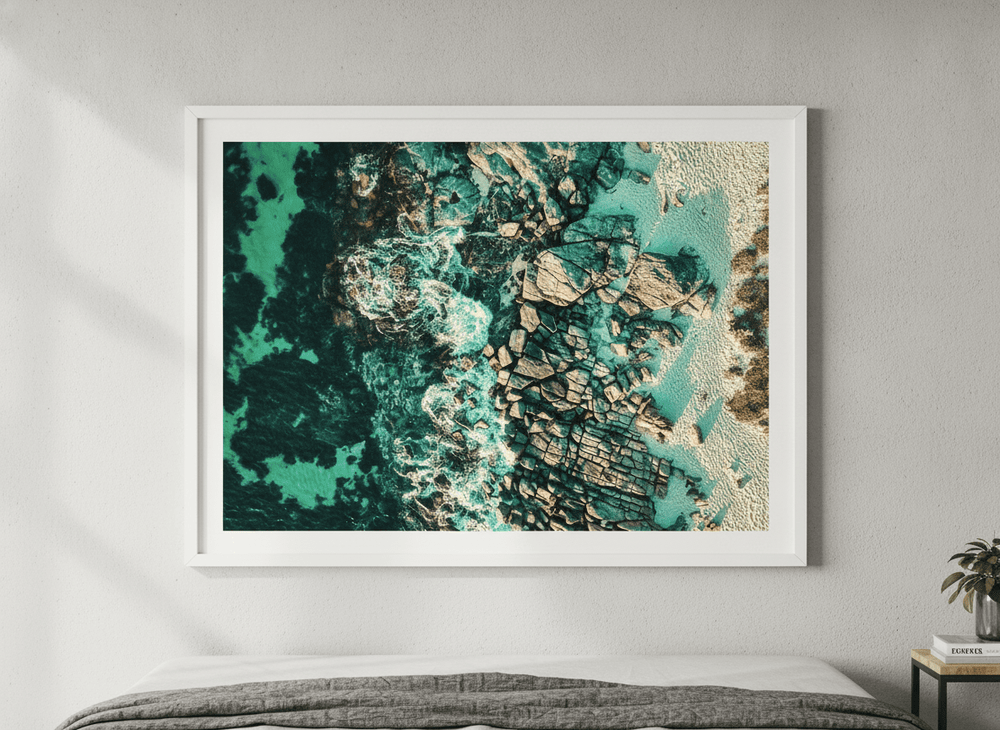 Minimalist artwork displayed in a calm, light-filled bedroom interior