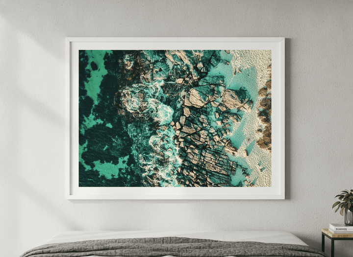 Minimalist artwork displayed in a calm, light-filled bedroom interior