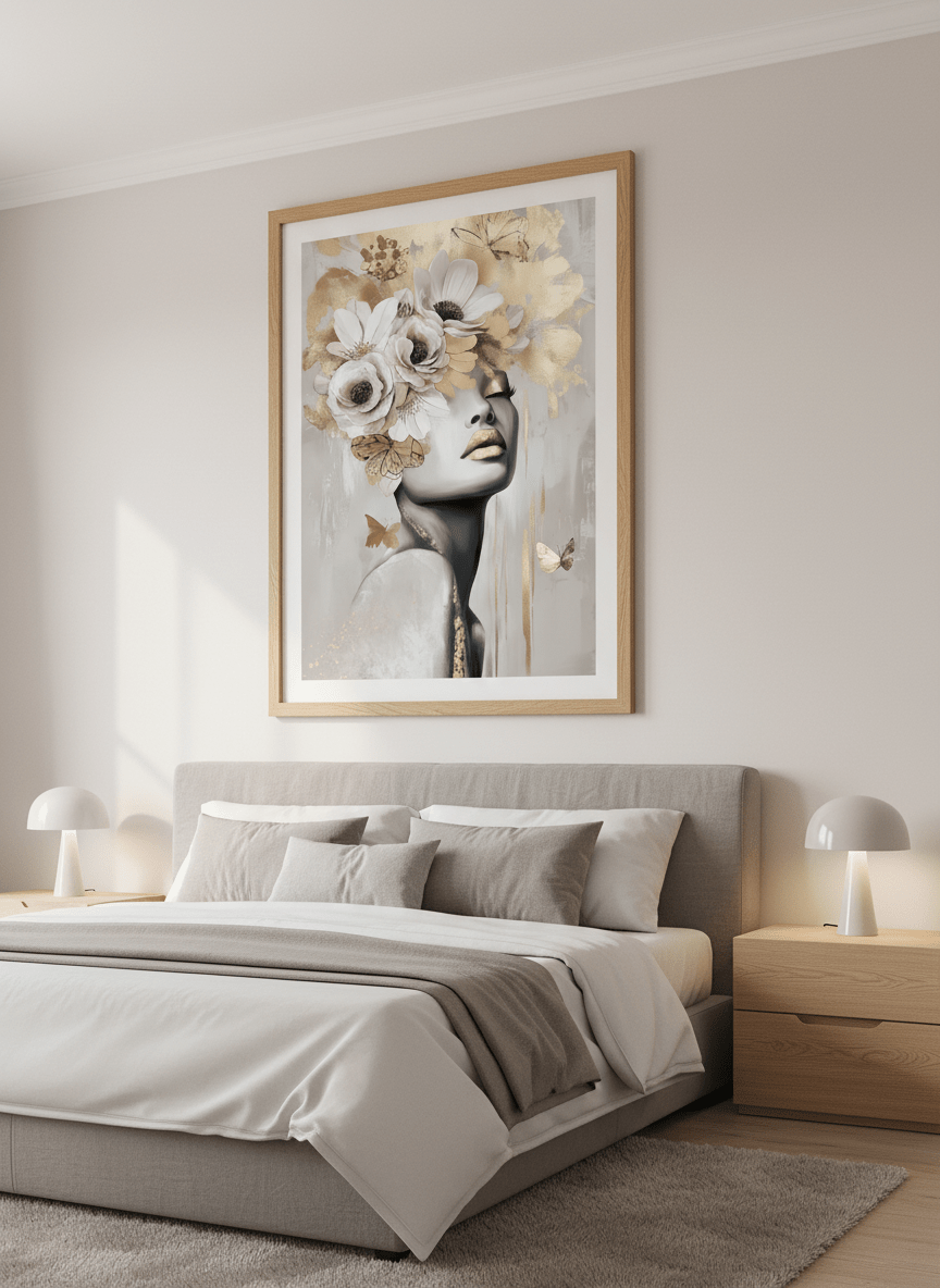Minimalist artwork displayed in a calm, light-filled bedroom interior