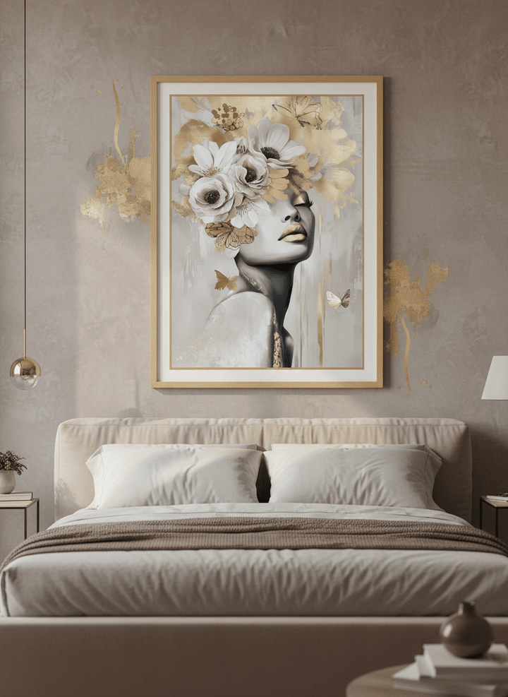 Minimalist artwork displayed in a calm, light-filled bedroom interior