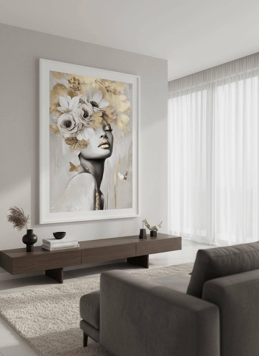 Monumental artwork centred on a feature wall in a luxe interior
