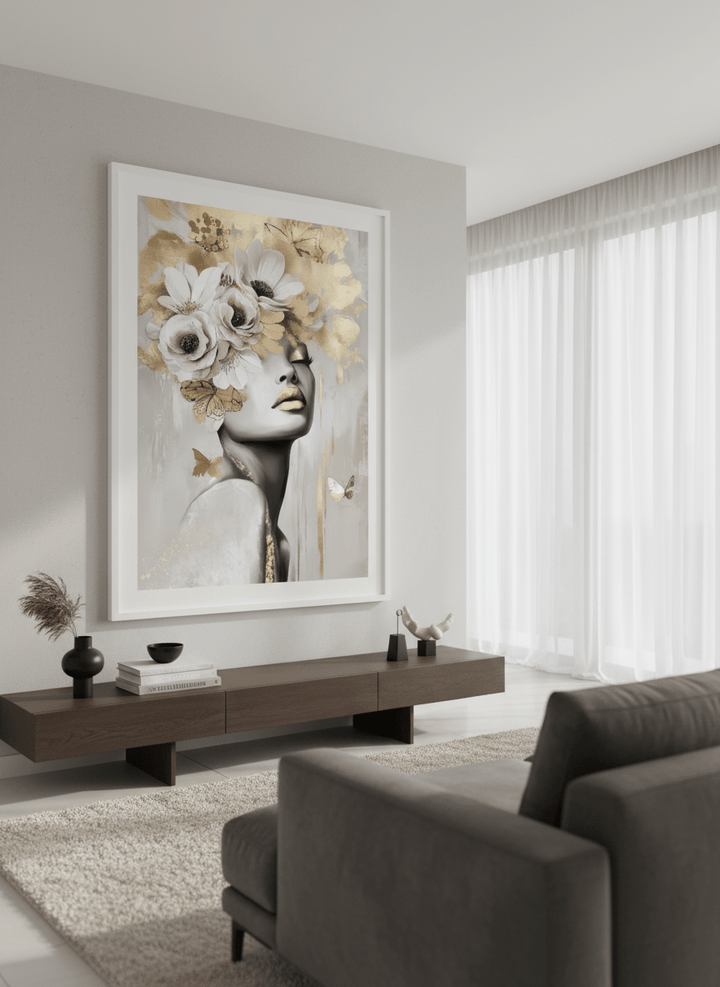 Monumental artwork centred on a feature wall in a luxe interior
