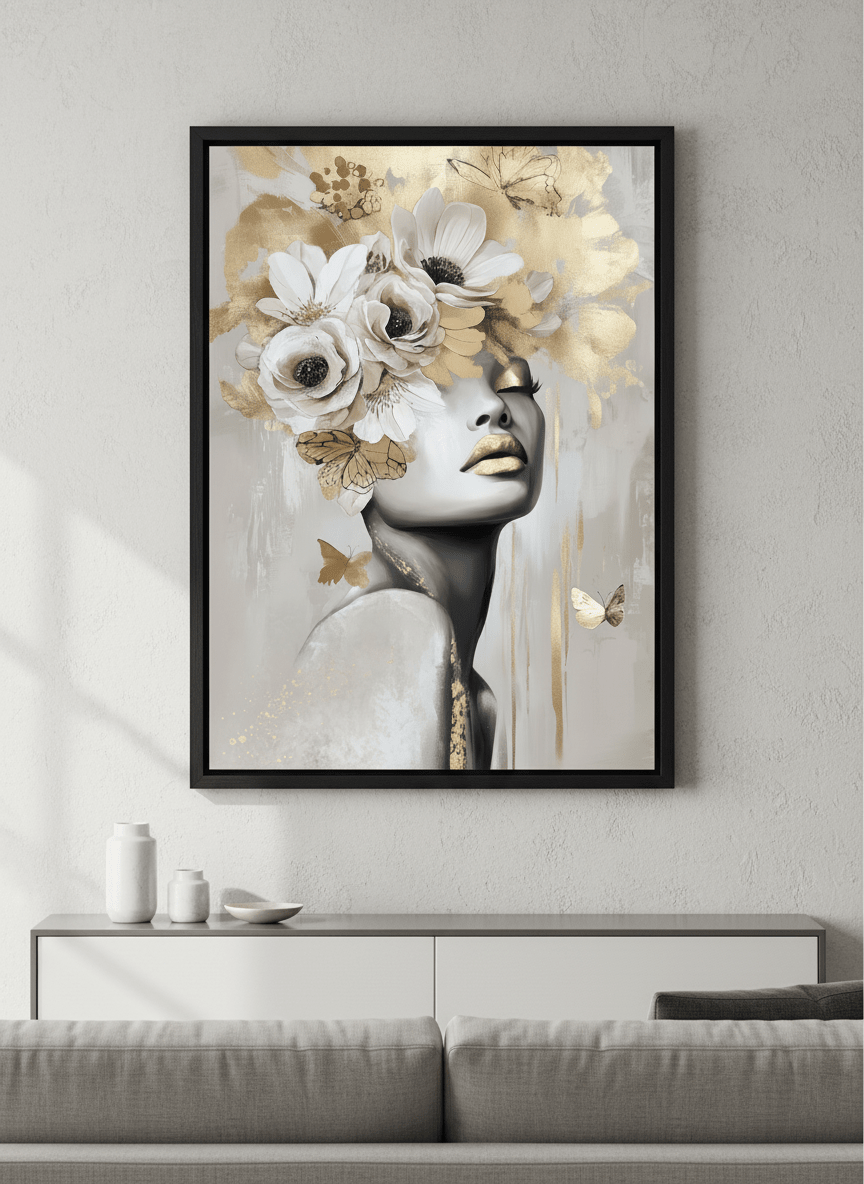 Modern wall art styled above a sofa in a neutral living room