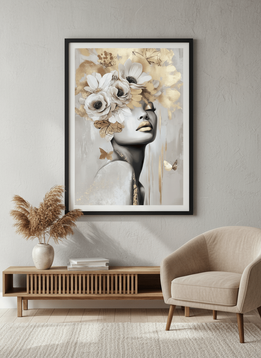 Modern wall art styled above a sofa in a neutral living room