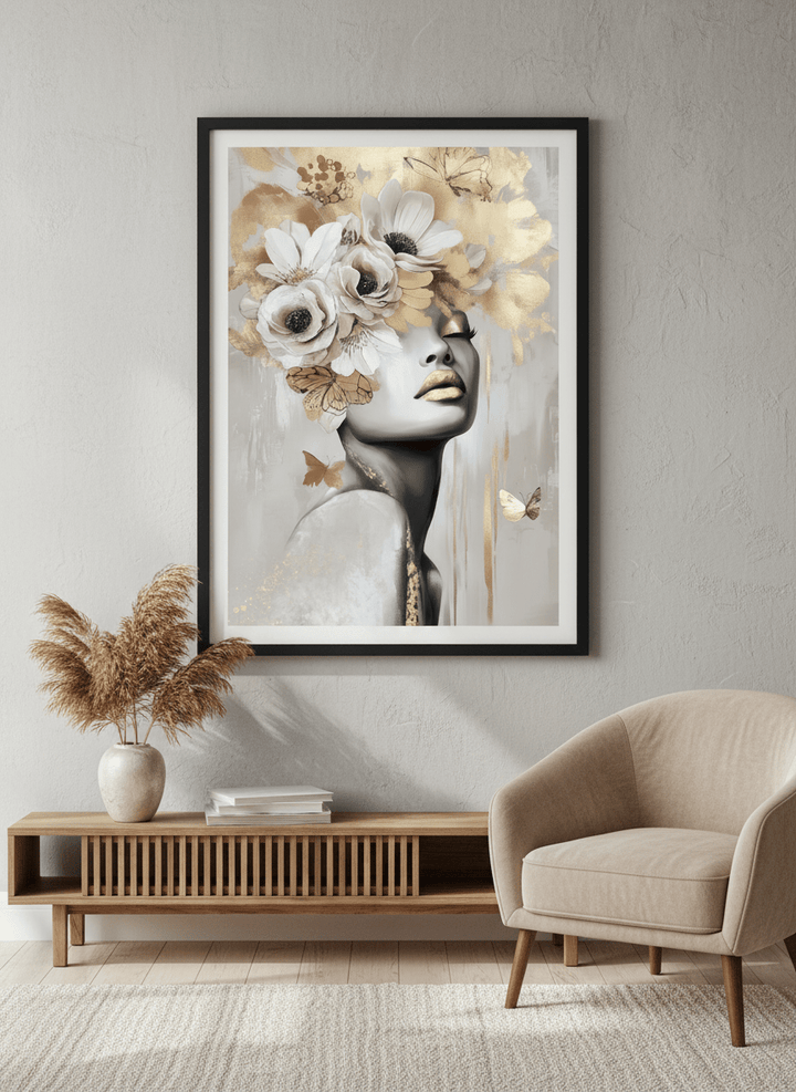 Modern wall art styled above a sofa in a neutral living room