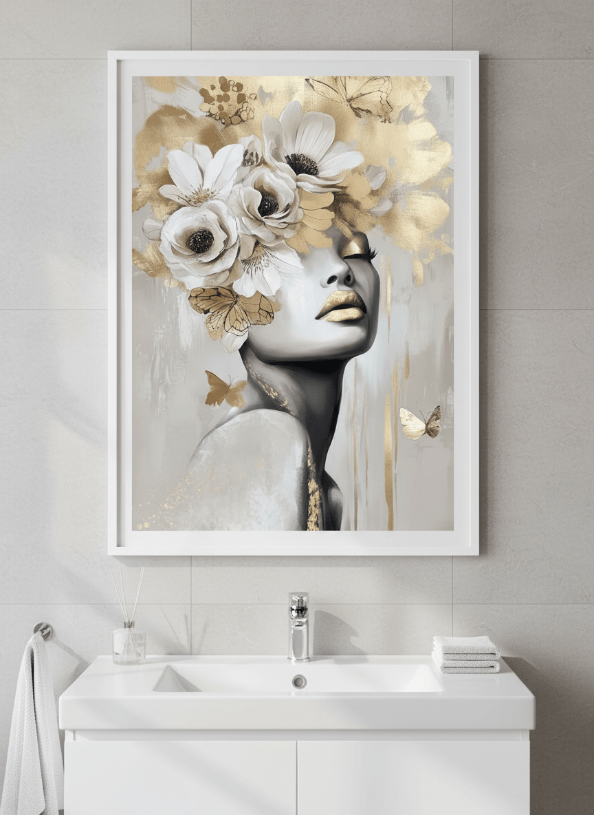 Modern print displayed in a clean minimalist bathroom setting