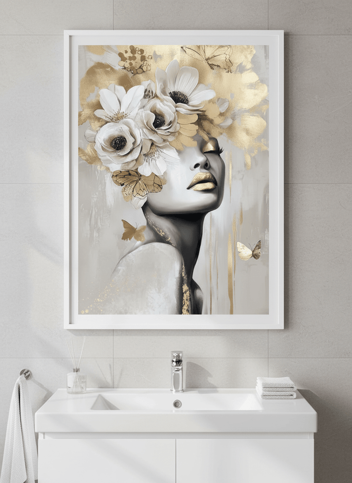 Modern print displayed in a clean minimalist bathroom setting