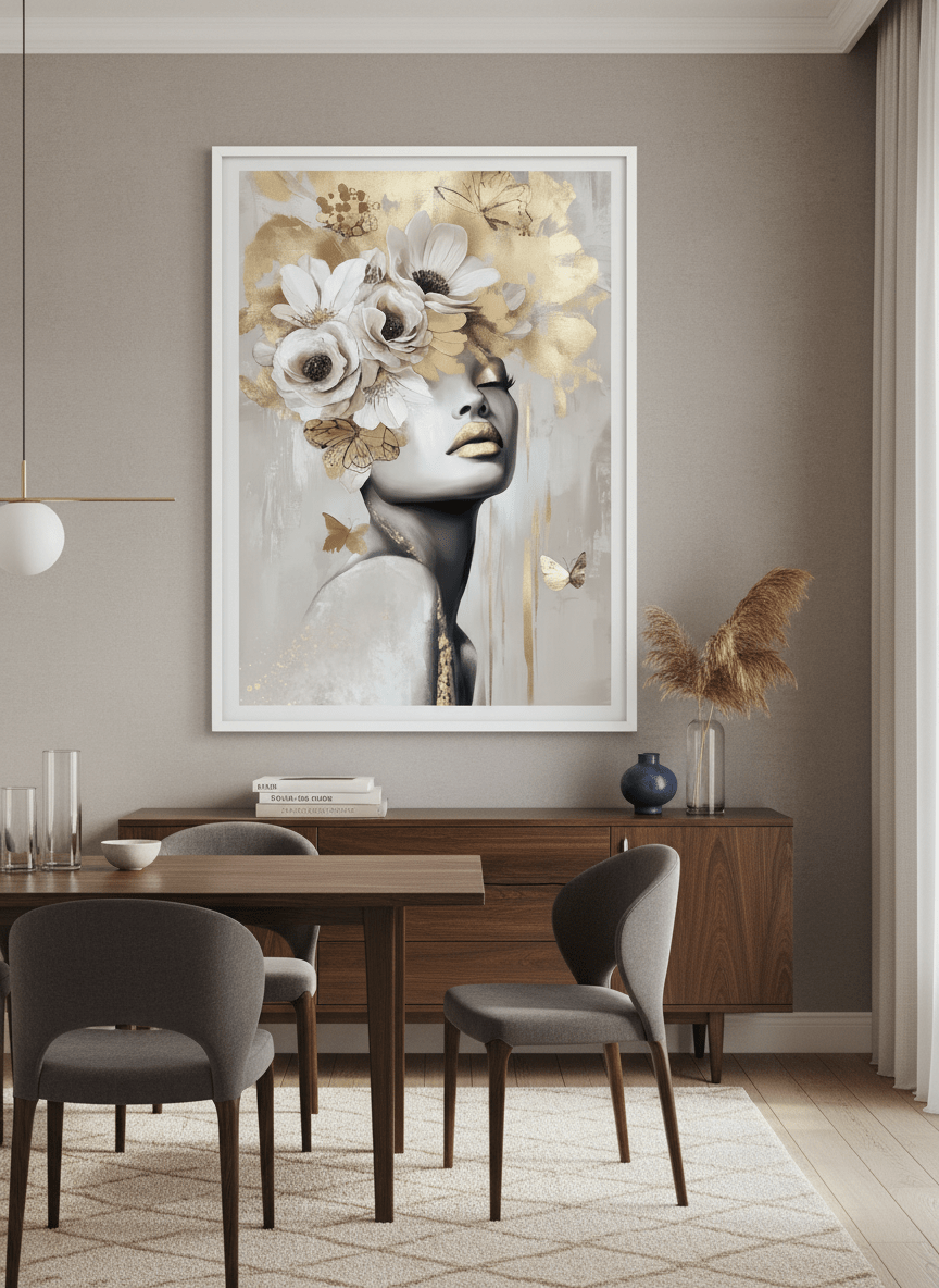 Monumental artwork centred on a feature wall in a luxe interior