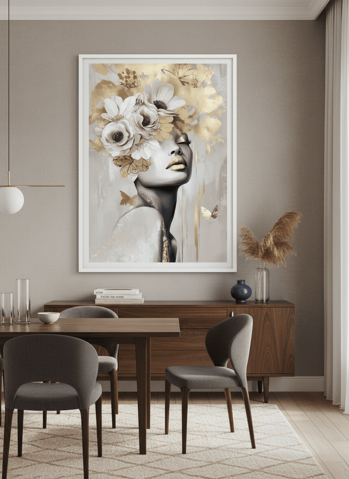 Monumental artwork centred on a feature wall in a luxe interior