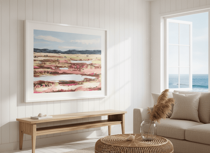 Neutral wall art displayed in a sunny coastal beach house
