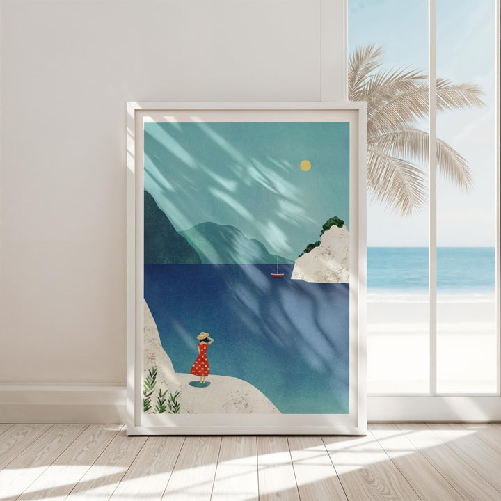 Artwork of a tropical scene with a woman in a red dress on a beach.