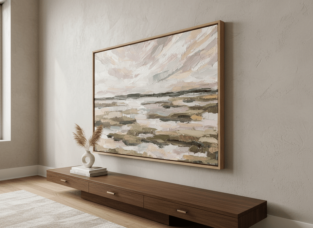Monumental artwork centred on a feature wall in a luxe interior