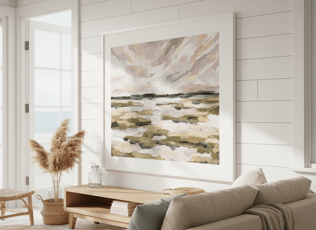 Neutral wall art displayed in a sunny coastal beach house