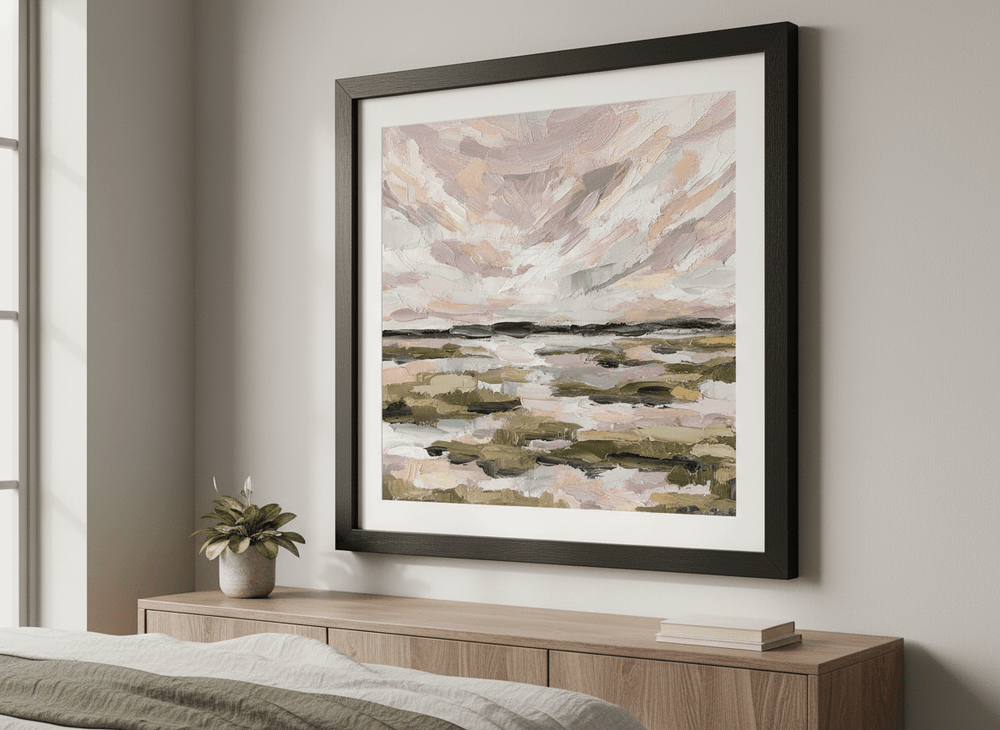 Minimalist artwork displayed in a calm, light-filled bedroom interior