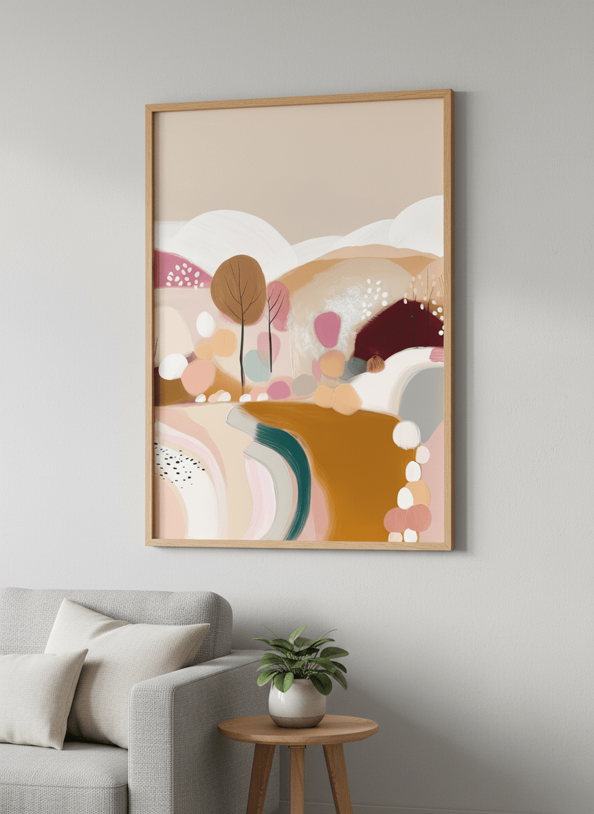 Modern wall art styled above a sofa in a neutral living room