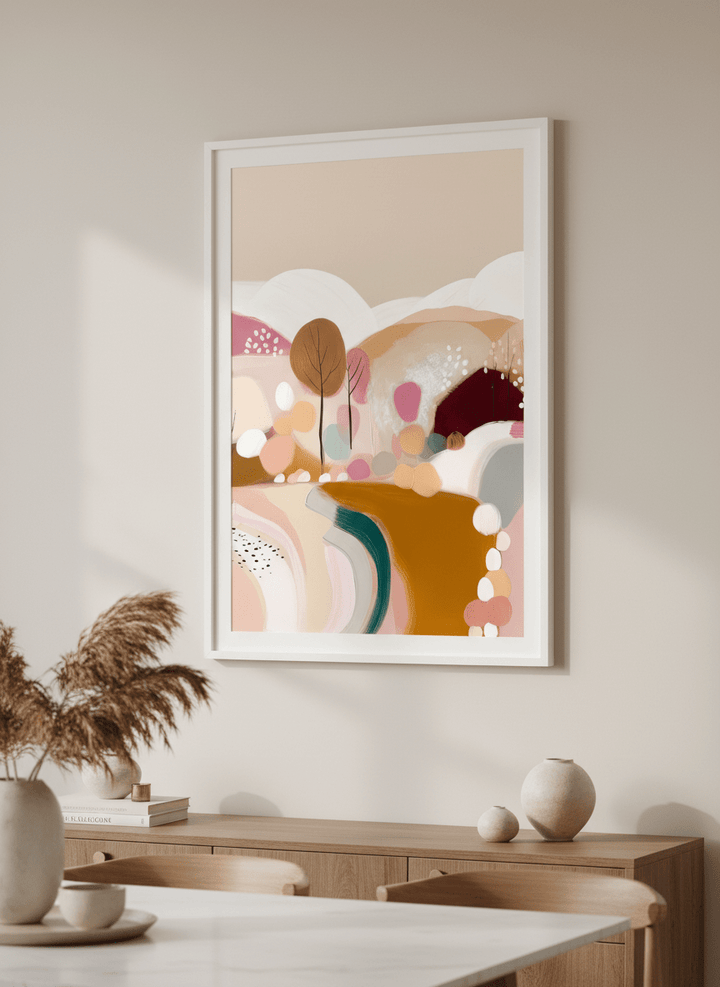Wall art styled above a dining table in a contemporary home