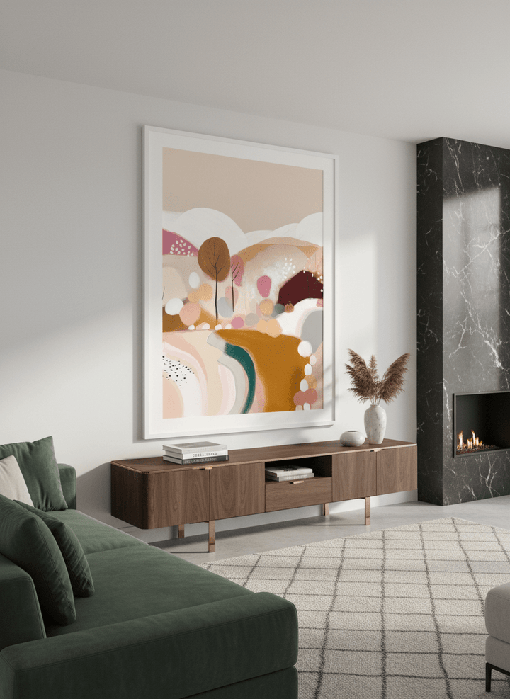 Monumental artwork centred on a feature wall in a luxe interior