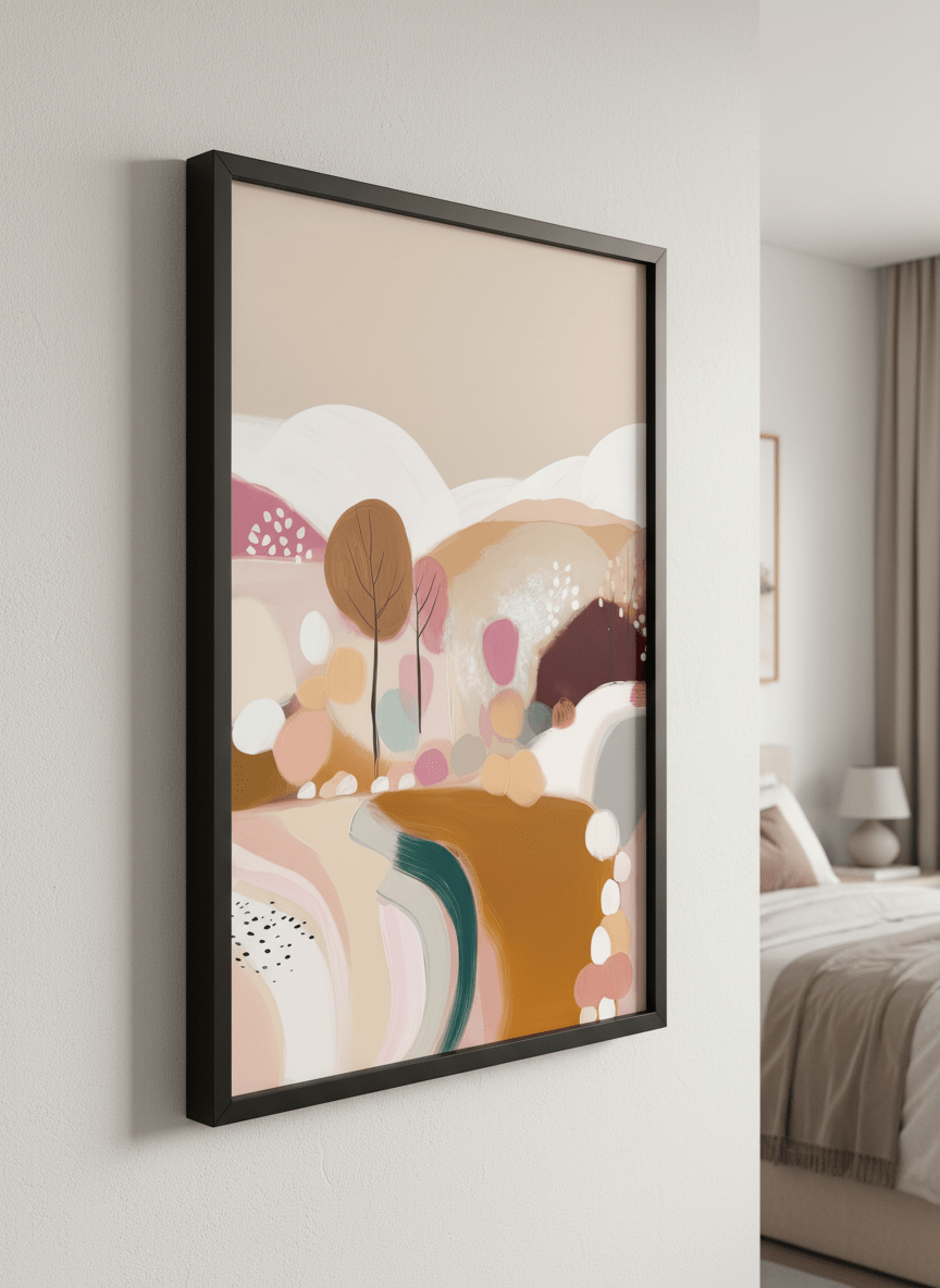 Minimalist artwork displayed in a calm, light-filled bedroom interior