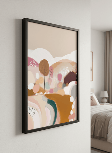 Minimalist artwork displayed in a calm, light-filled bedroom interior