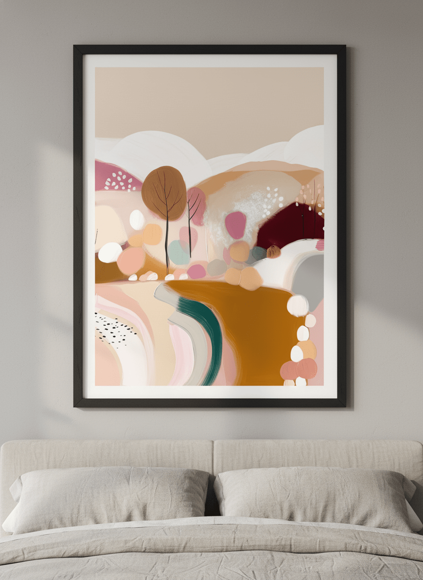 Minimalist artwork displayed in a calm, light-filled bedroom interior