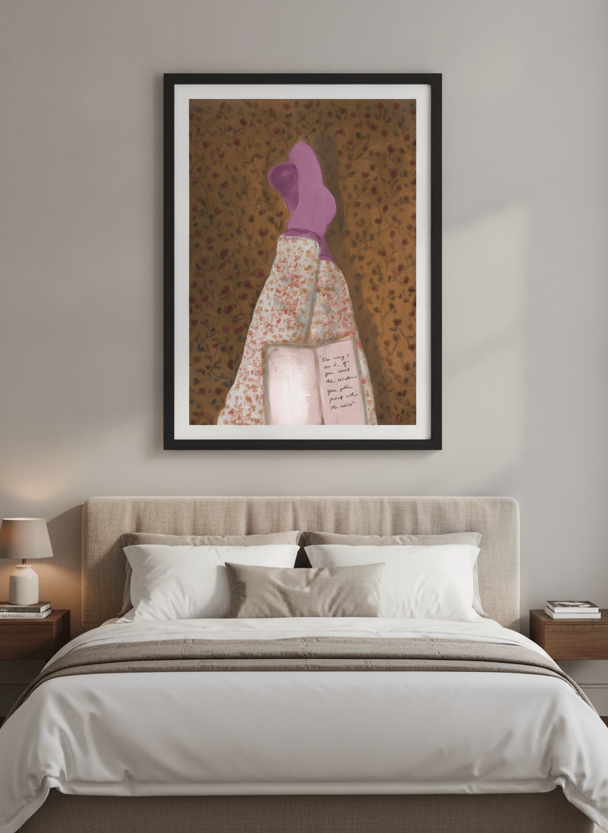 Minimalist artwork displayed in a calm, light-filled bedroom interior