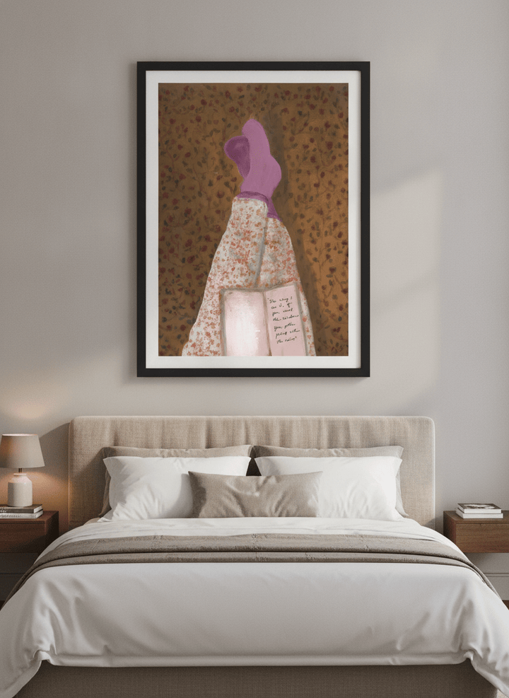 Minimalist artwork displayed in a calm, light-filled bedroom interior