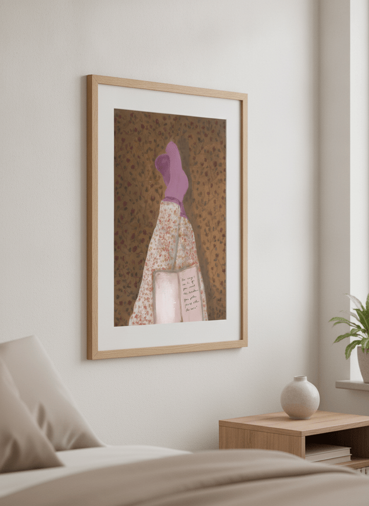 Minimalist artwork displayed in a calm, light-filled bedroom interior
