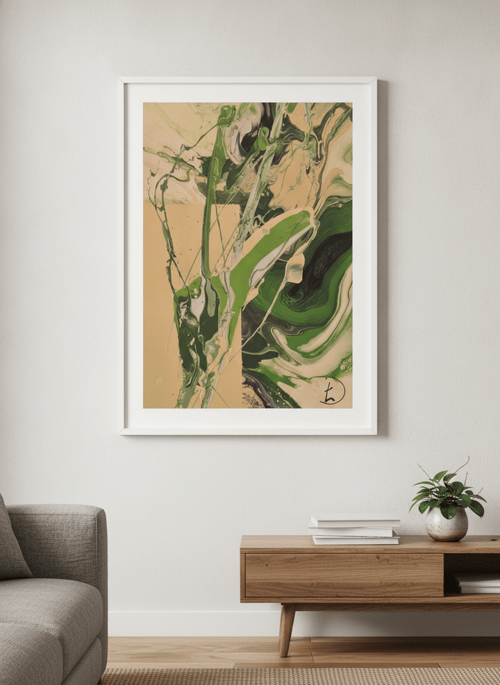 Modern wall art styled above a sofa in a neutral living room