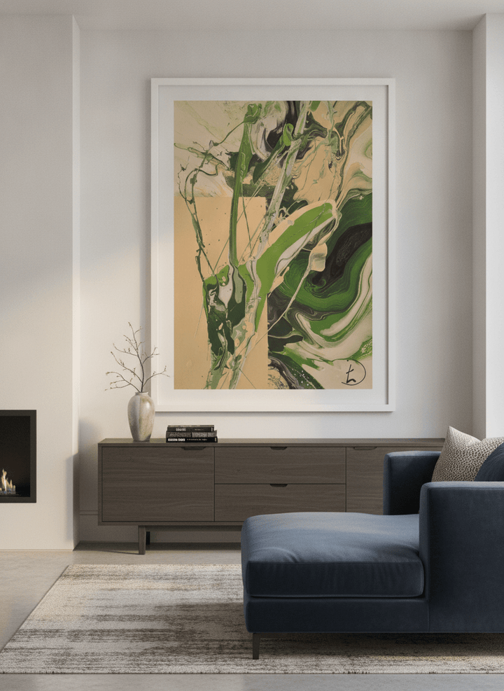 Monumental artwork centred on a feature wall in a luxe interior