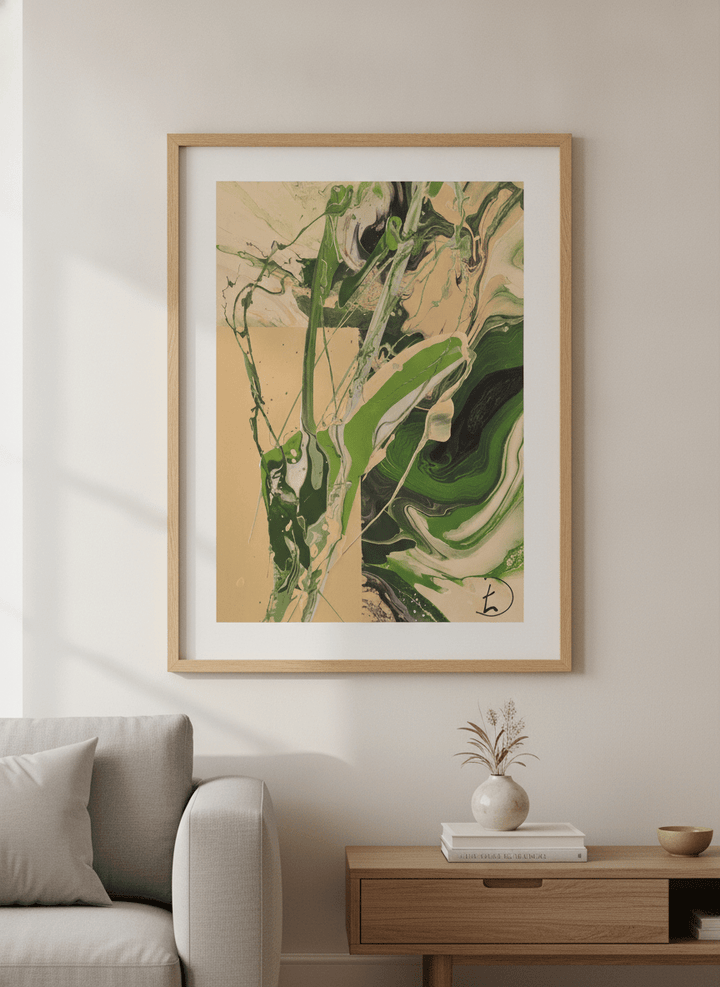 Modern wall art styled above a sofa in a neutral living room