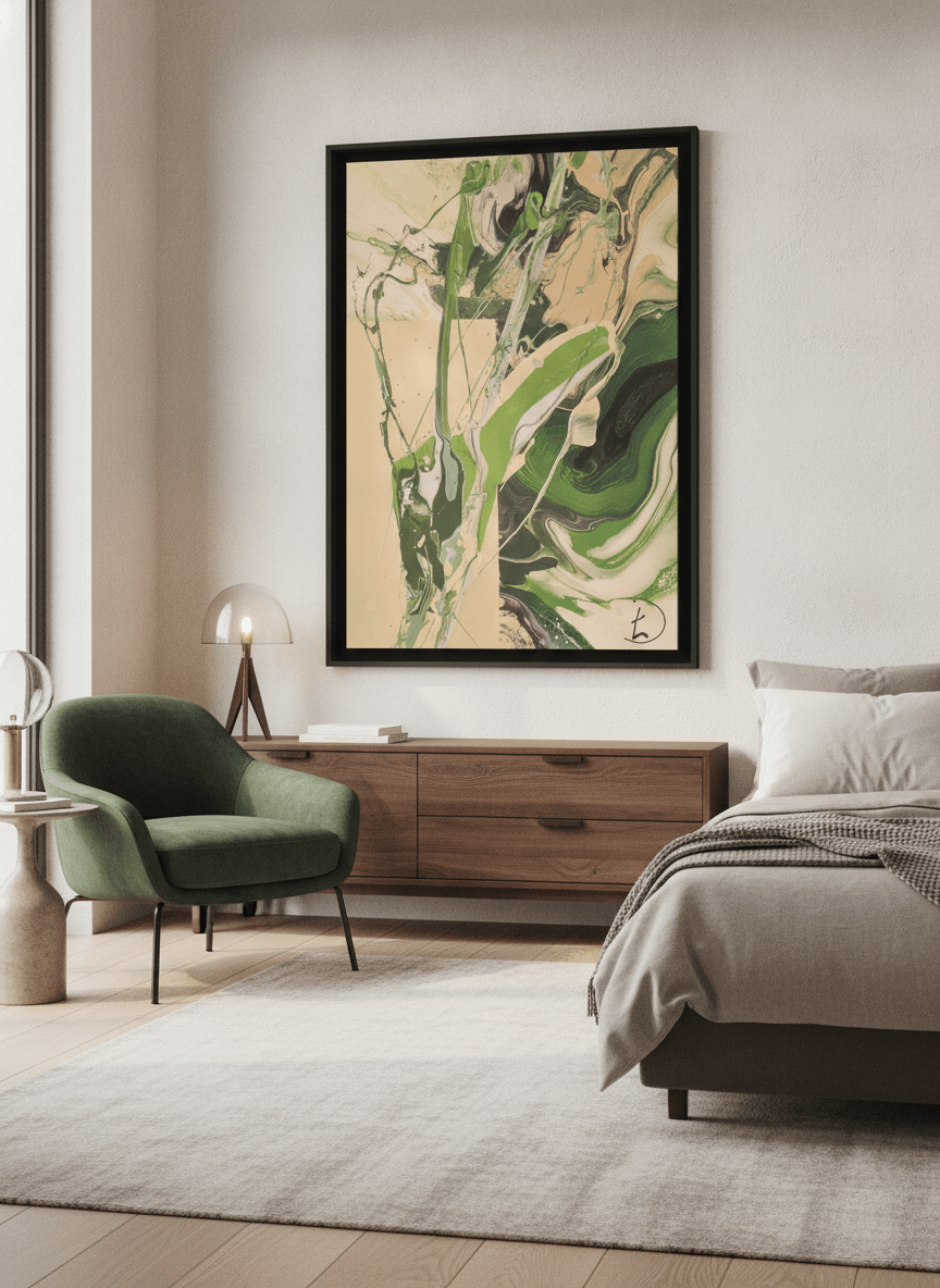 Minimalist artwork displayed in a calm, light-filled bedroom interior