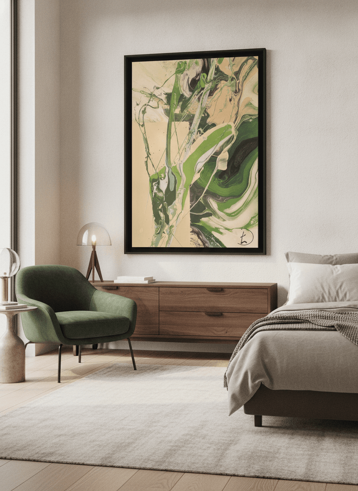 Minimalist artwork displayed in a calm, light-filled bedroom interior