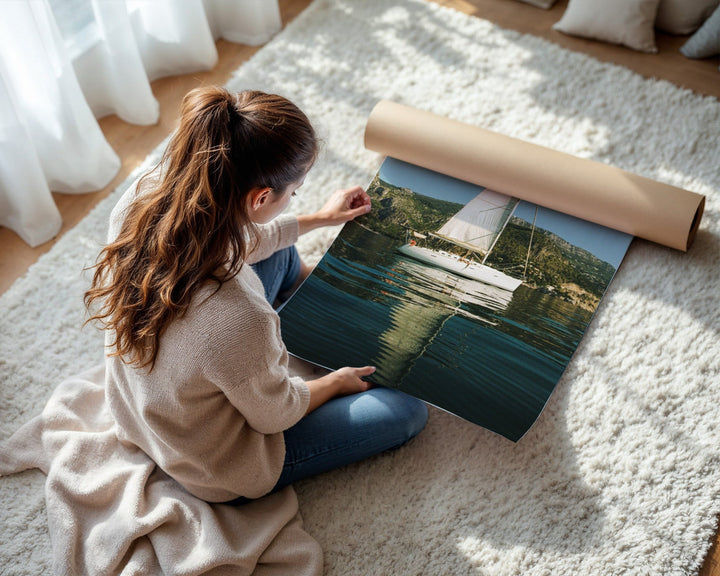 sailboat photo unrolled on carpet