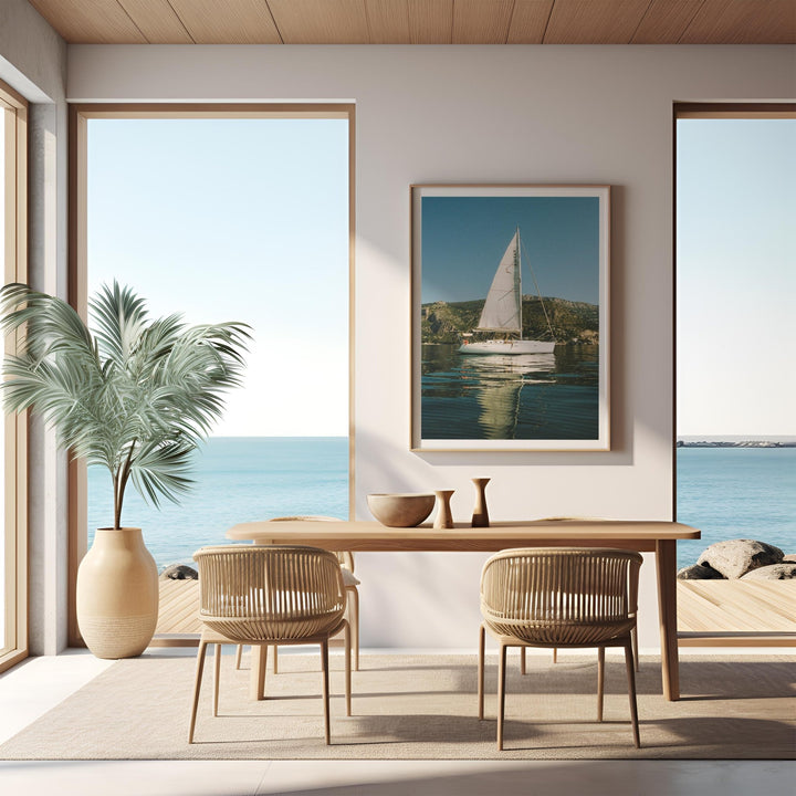 sailboat artwork on wall of coastal dining area