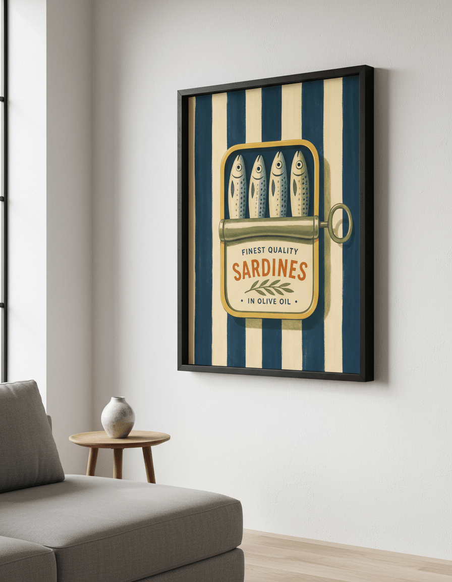 Modern wall art styled above a sofa in a neutral living room