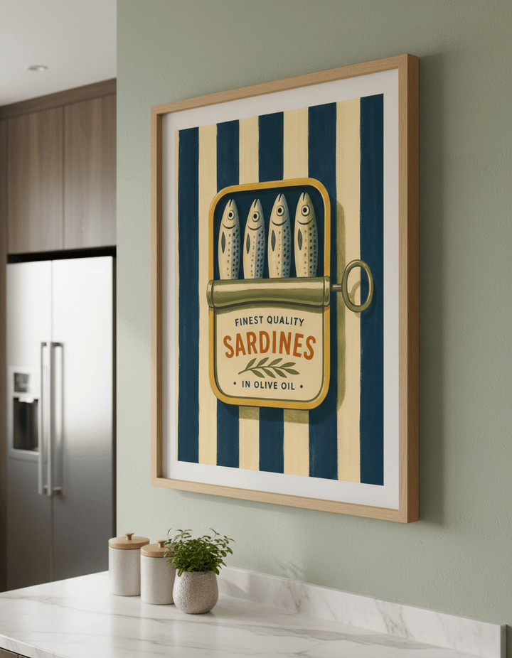 Artwork styled on the wall of a bright modern kitchen