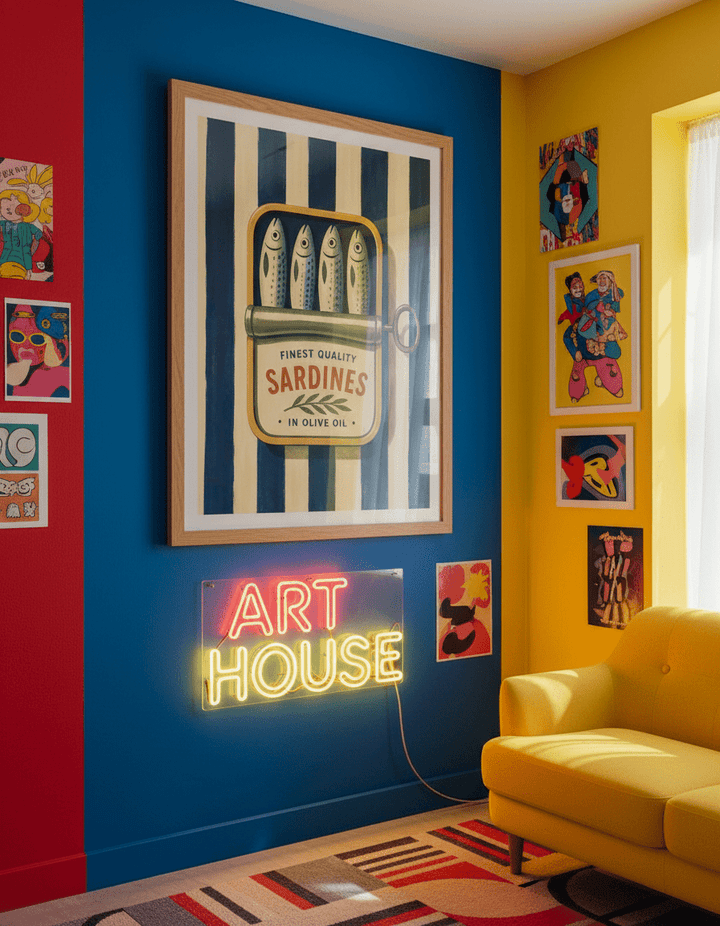 Bold wall art styled in a colourful, eclectic modern home
