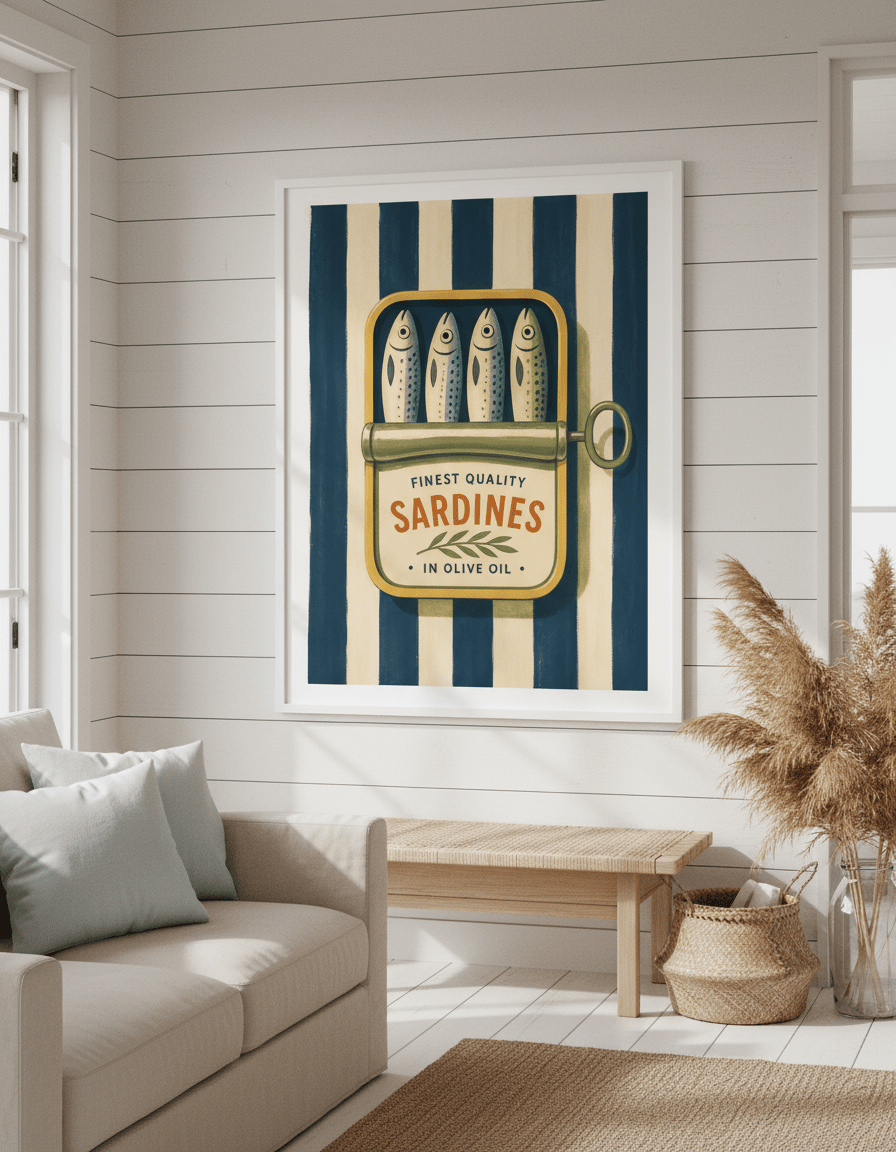 Neutral wall art displayed in a sunny coastal beach house
