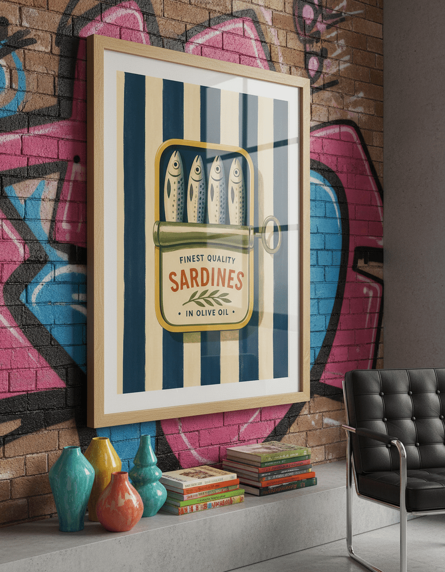 Bold wall art styled in a colourful, eclectic modern home
