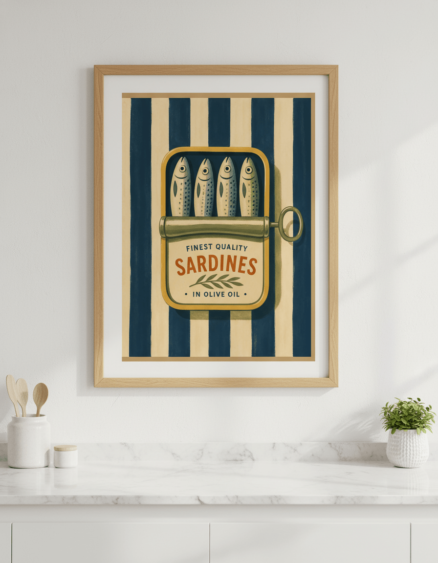 Artwork styled on the wall of a bright modern kitchen