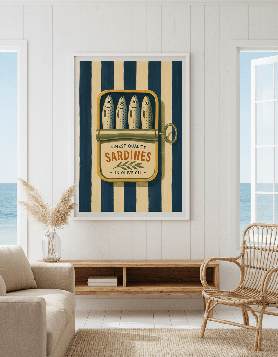 Neutral wall art displayed in a sunny coastal beach house
