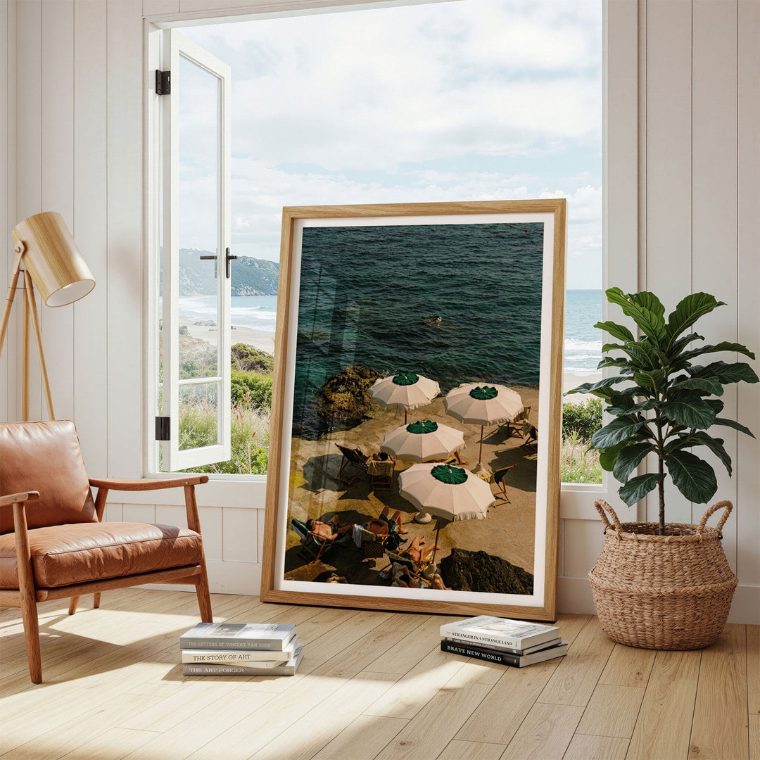 print on floor against window with potted plant