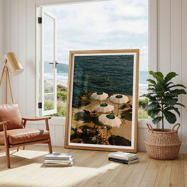 print on floor against window with potted plant